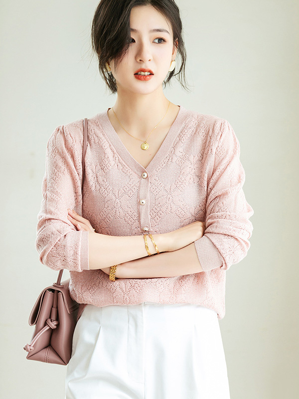 Pink V-Neck Hollow-out Knit Top