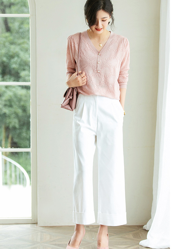 Pink V-Neck Hollow-out Knit Top