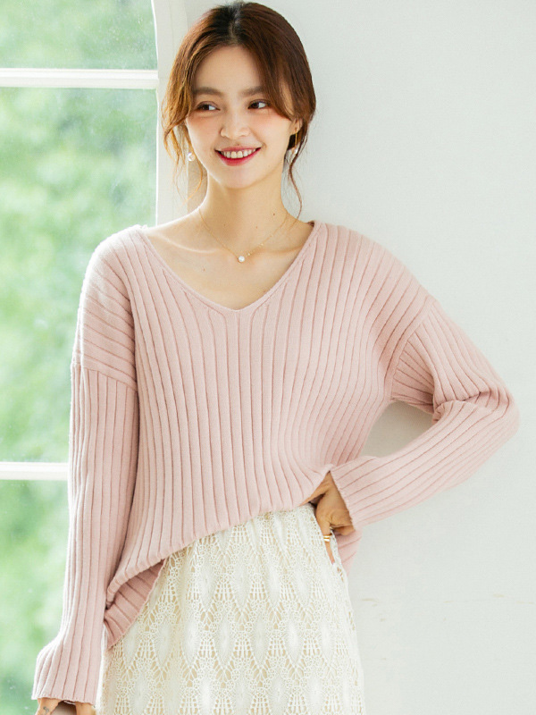 Pink V-neck Ribbed Style Sweater