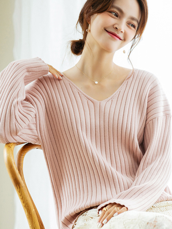 Pink V-neck Ribbed Style Sweater