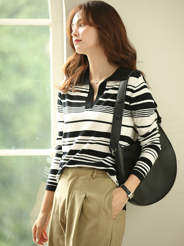 Black Striped Polo Collar Knitted Top