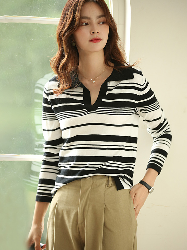 Black Striped Polo Collar Knitted Top