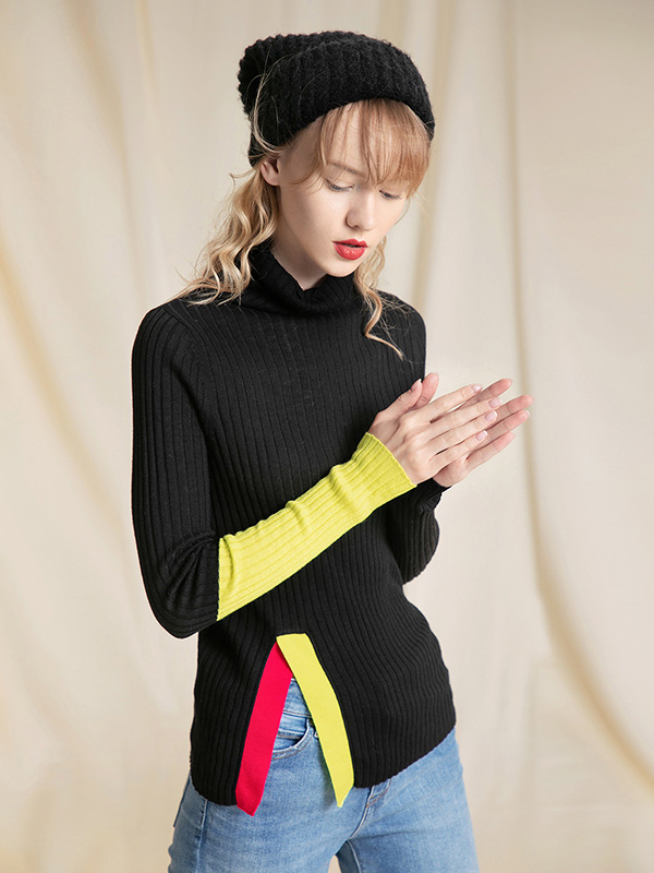 Black Color Block Turtleneck Side Split Sweater