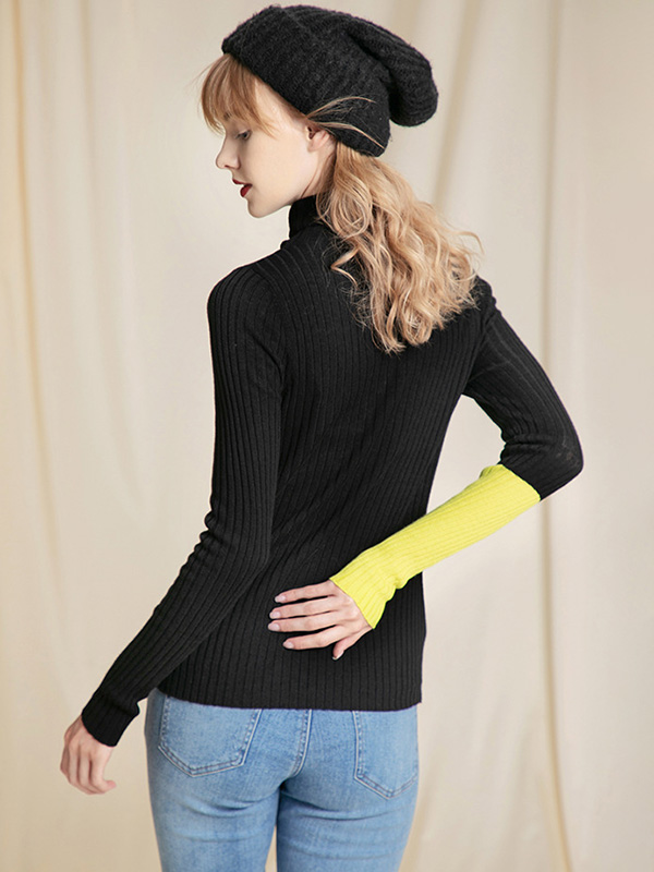 Black Color Block Turtleneck Side Split Sweater