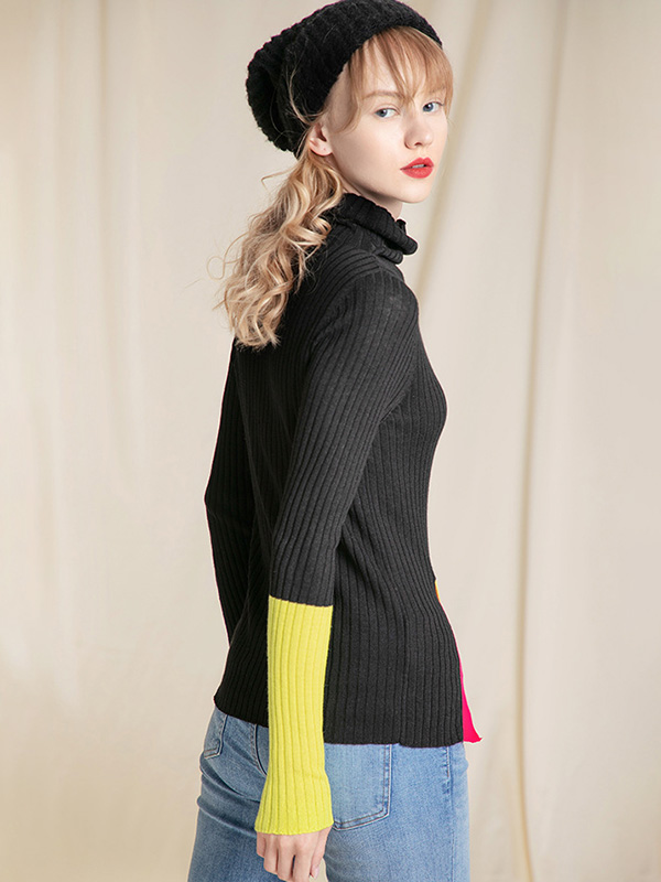 Black Color Block Turtleneck Side Split Sweater