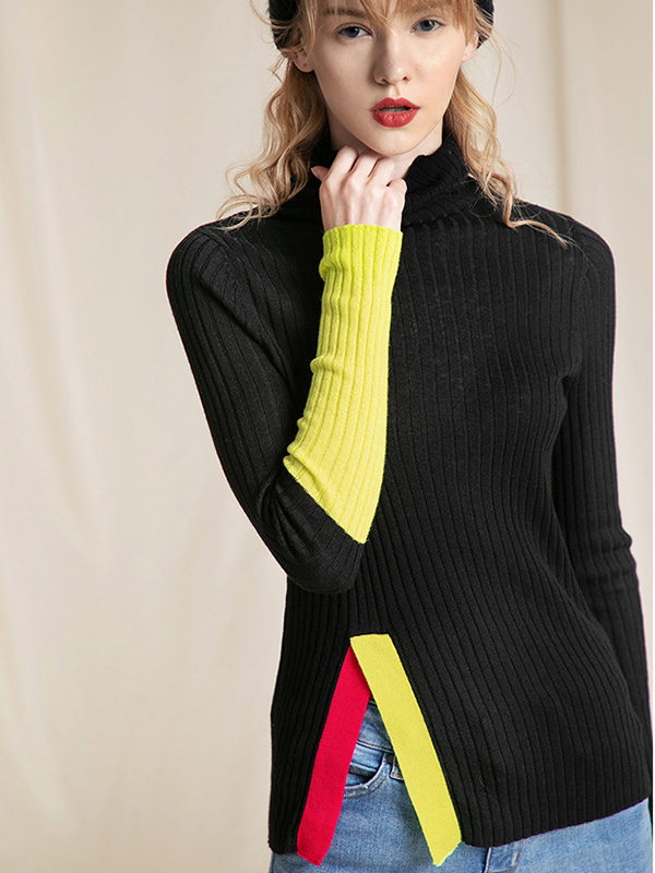 Black Color Block Turtleneck Side Split Sweater