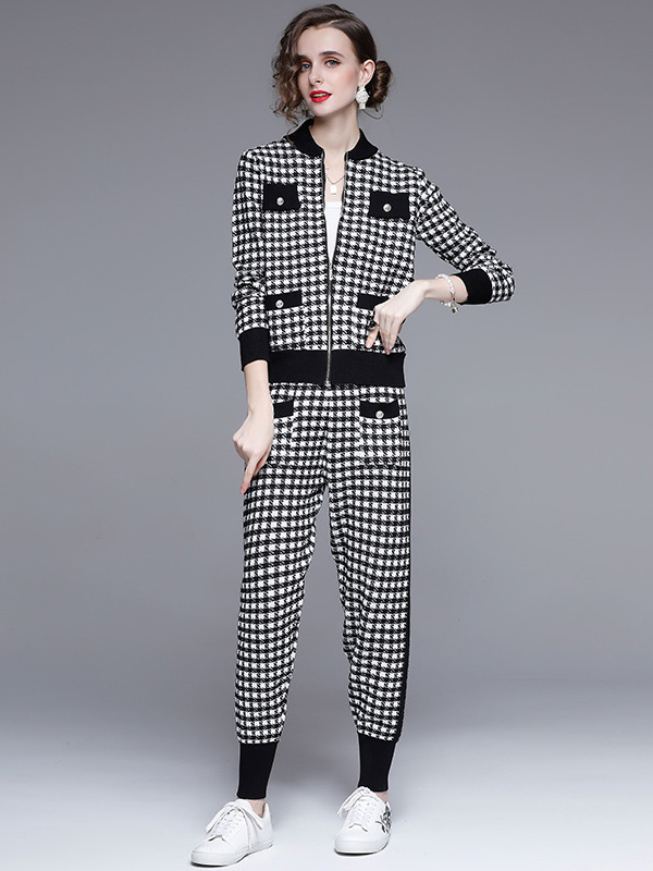 Black  Houndstooth Pattern Cardigan and Pants Set