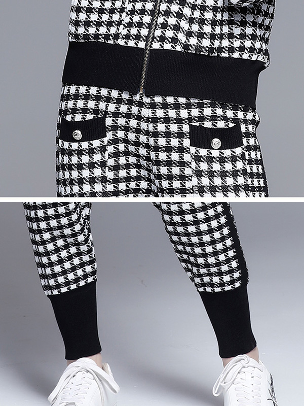 Black  Houndstooth Pattern Cardigan and Pants Set