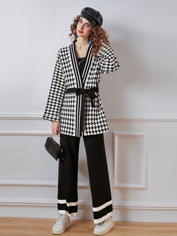 Black Houndstooth Cardigan and Wide Leg Pants Set