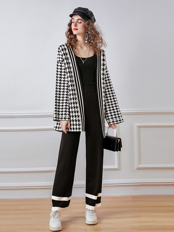 Black Houndstooth Cardigan and Wide Leg Pants Set