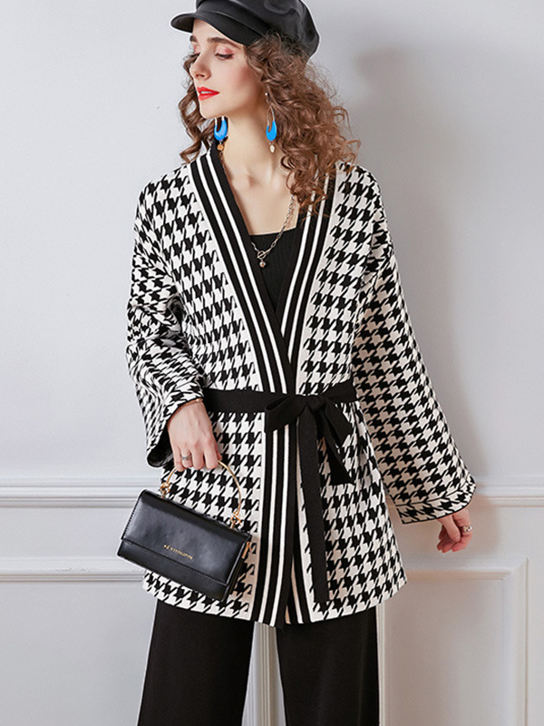 Black Houndstooth Cardigan and Wide Leg Pants Set