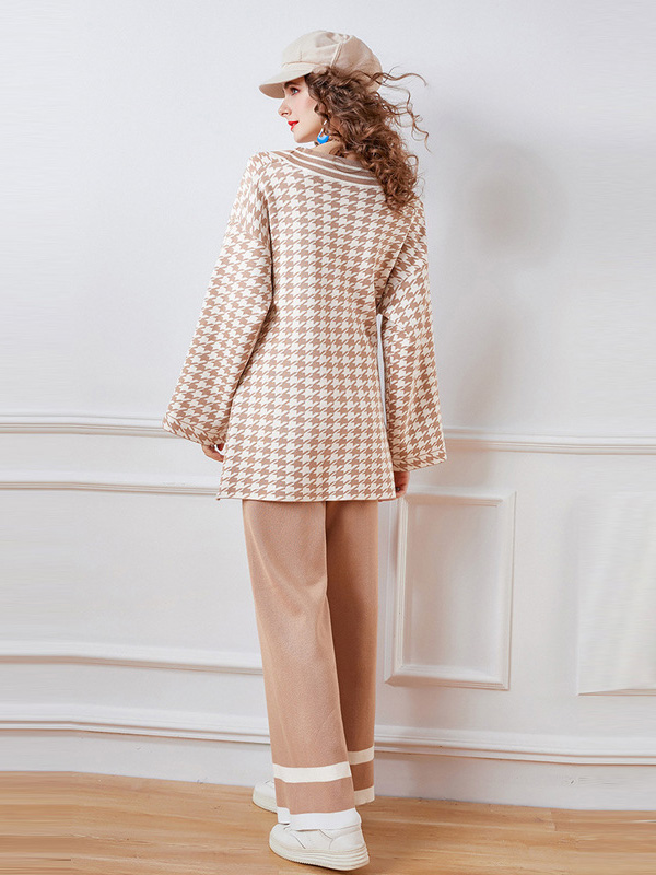 Pink Houndstooth Cardigan and Wide Leg Pants Set