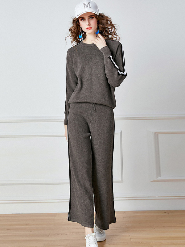 Grey Round Neck and Wide Leg Pants Set