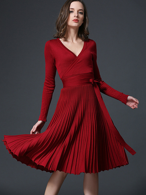 Burgundy V Neck Knit Wrap Dress