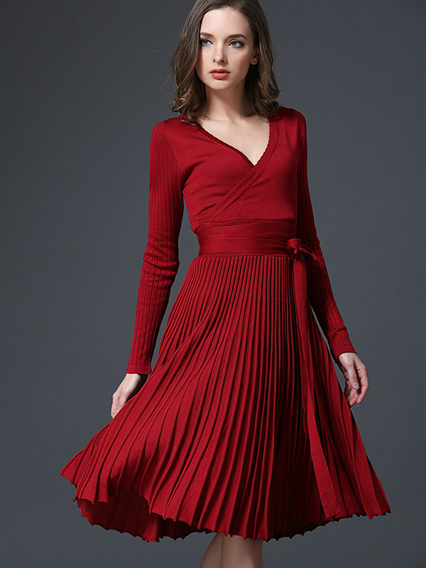 Burgundy V Neck Knit Wrap Dress