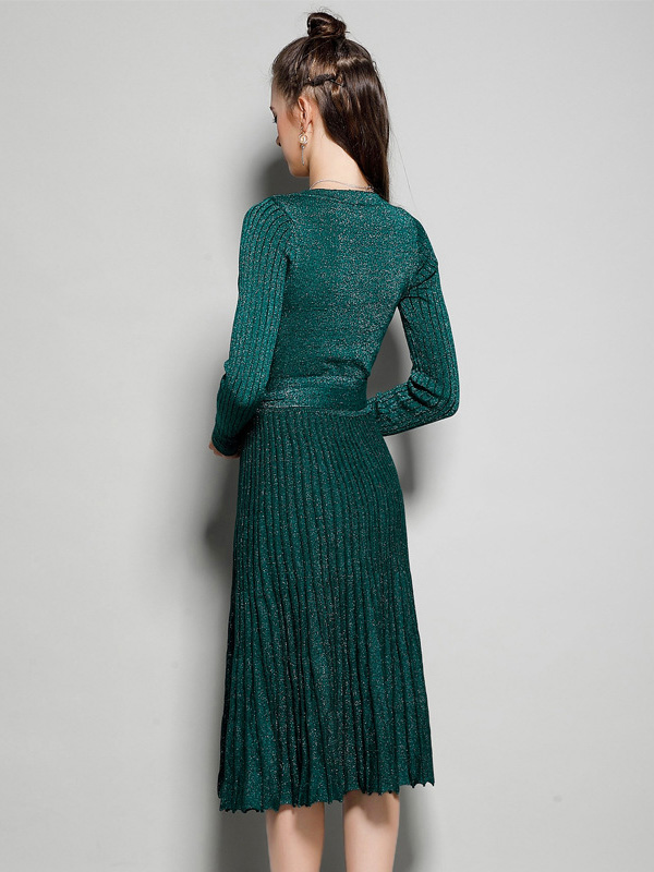 Green V Neck Knit Tie Waist Wrap Dress