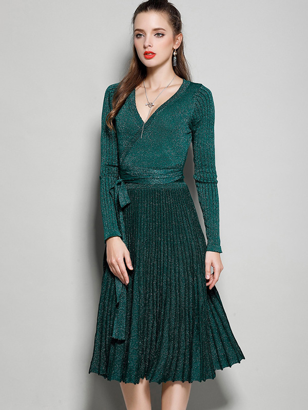 Green V Neck Knit Tie Waist Wrap Dress