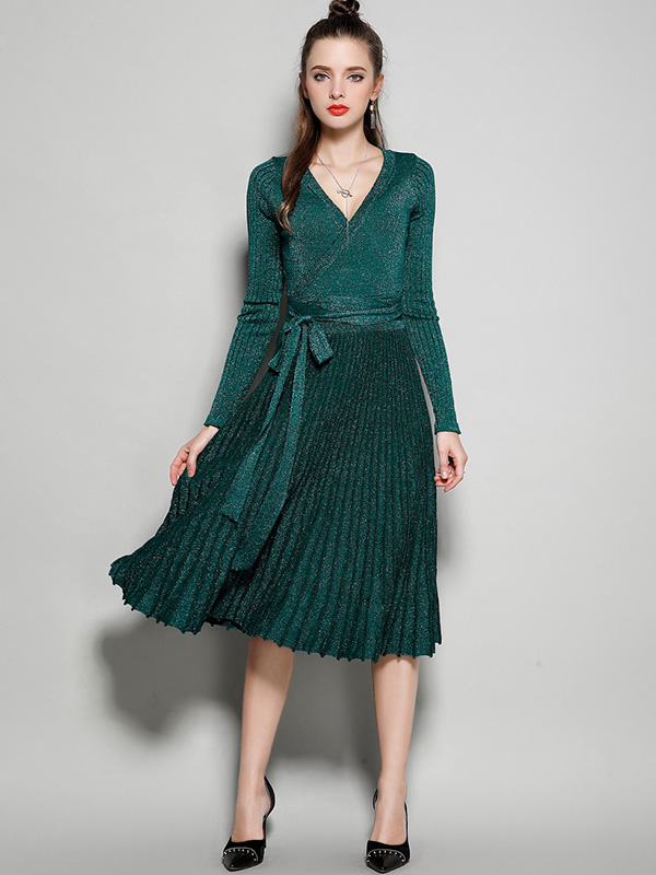 Green V Neck Knit Tie Waist Wrap Dress