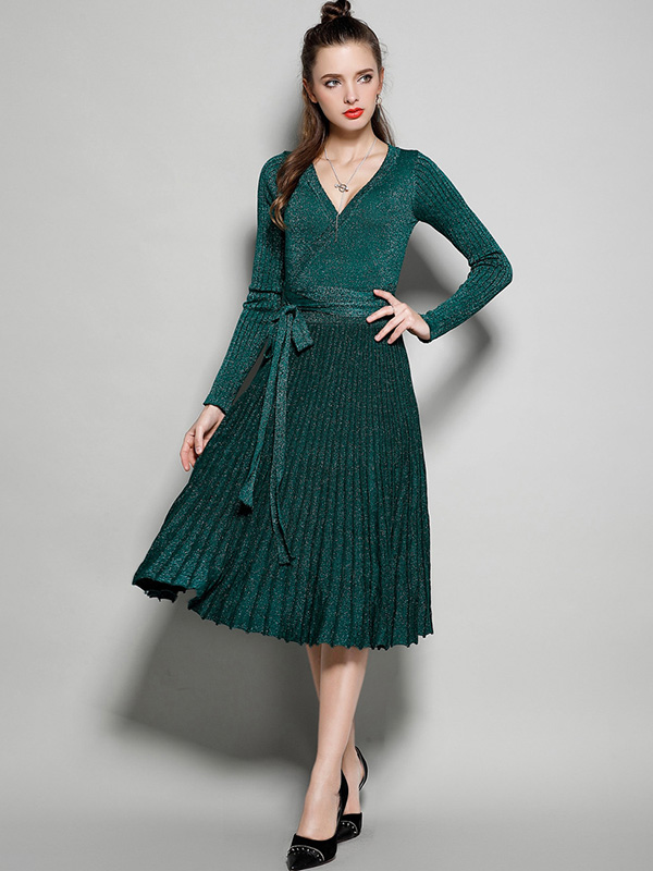 Green V Neck Knit Tie Waist Wrap Dress