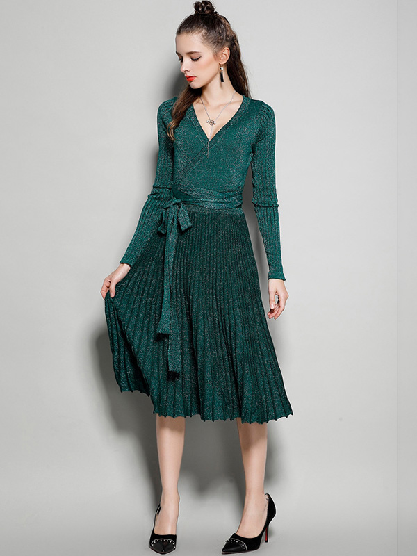 Green V Neck Knit Tie Waist Wrap Dress