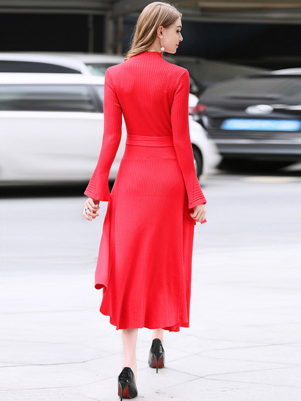 Red Stand Collar Flared Sleeves Maxi Dress