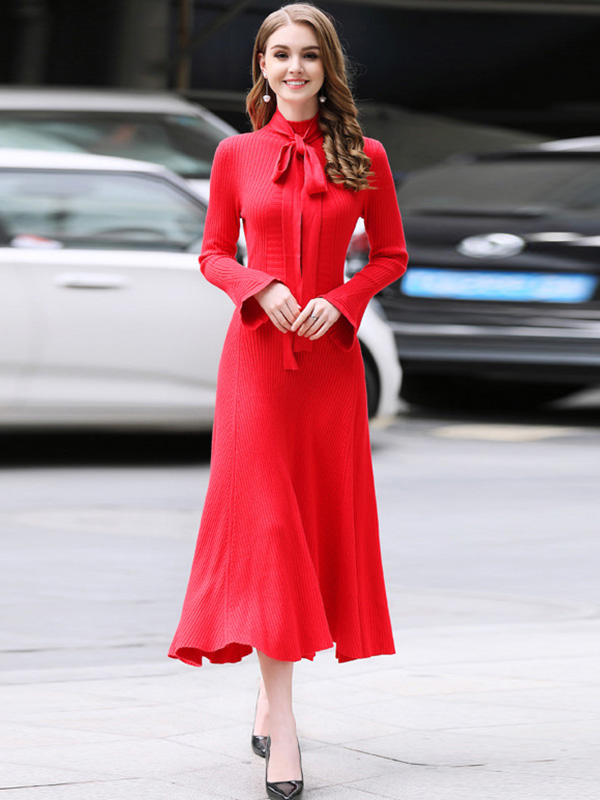 Red Stand Collar Flared Sleeves Maxi Dress