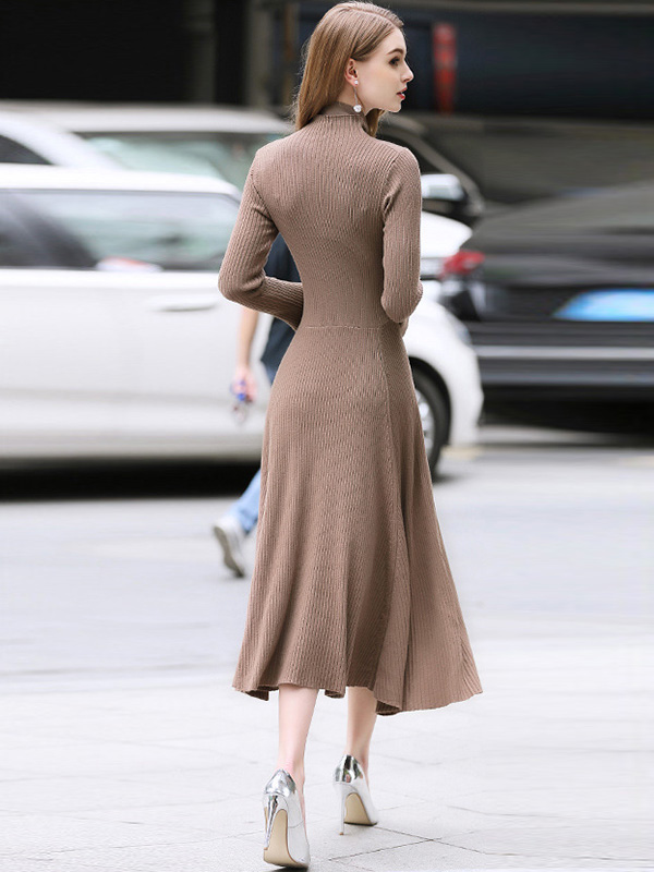 Brown Stand Collar Flared Sleeves Maxi Dress