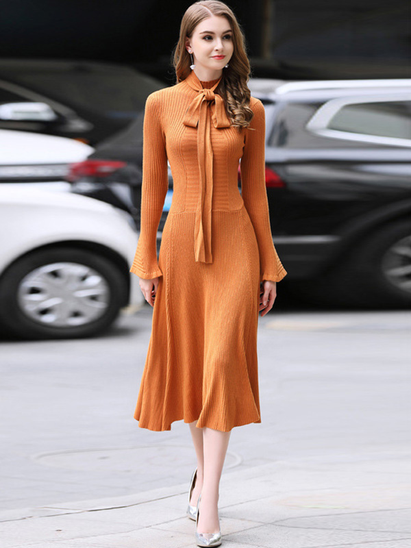 Orange Stand Collar Flared Sleeves Maxi Dress