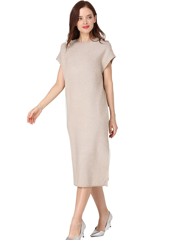 Apricot Round Neck Short Sleeves Midi Dress