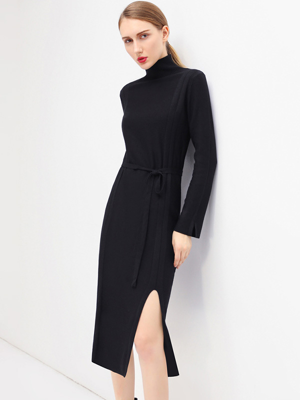 Black Stand Collar Tie Waist Knit Shift Dress