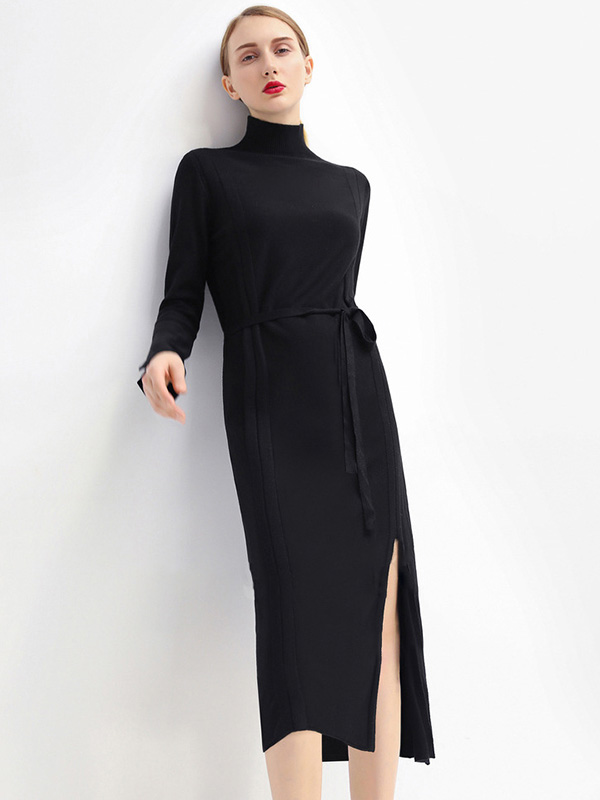 Black Stand Collar Tie Waist Knit Shift Dress