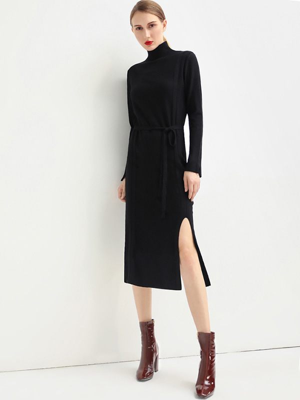 Black Stand Collar Tie Waist Knit Shift Dress