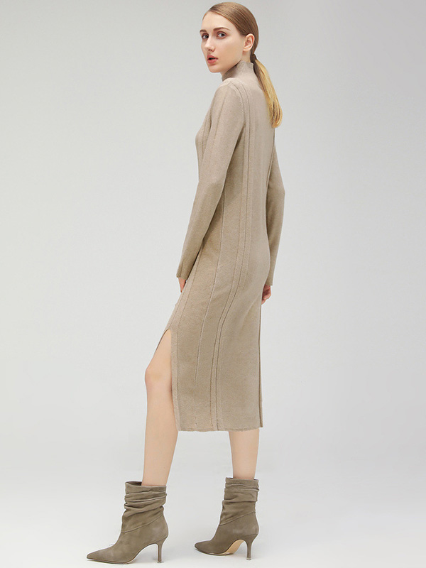 Khaki Stand Collar Tie Waist Knit Shift Dress