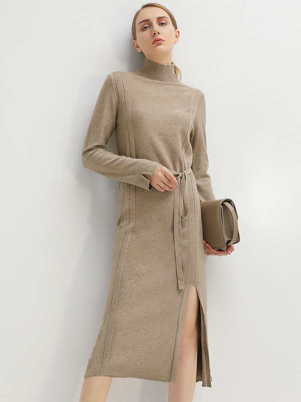 Khaki Stand Collar Tie Waist Knit Shift Dress