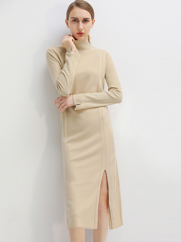 Apricot Stand Collar Tie Waist Knit Shift Dress