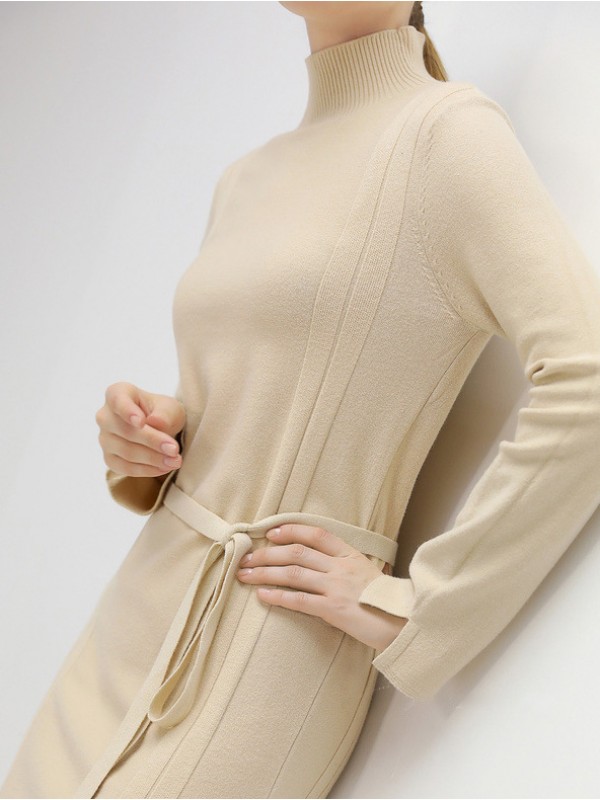 Apricot Stand Collar Tie Waist Knit Shift Dress