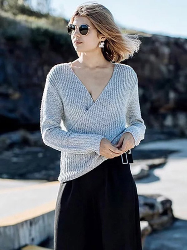 Grey Deep V Neck Sweater