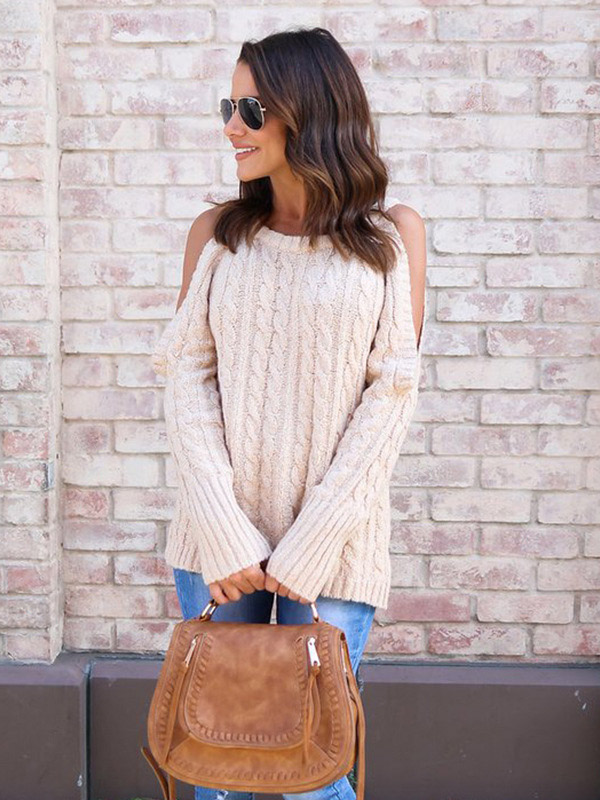 Beige Round Neck Cold Shoulder Sweater