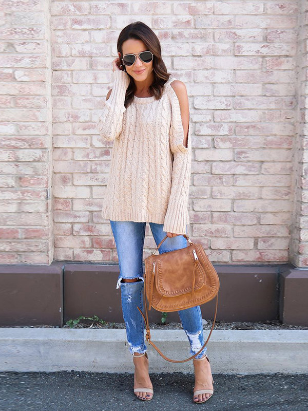 Beige Round Neck Cold Shoulder Sweater