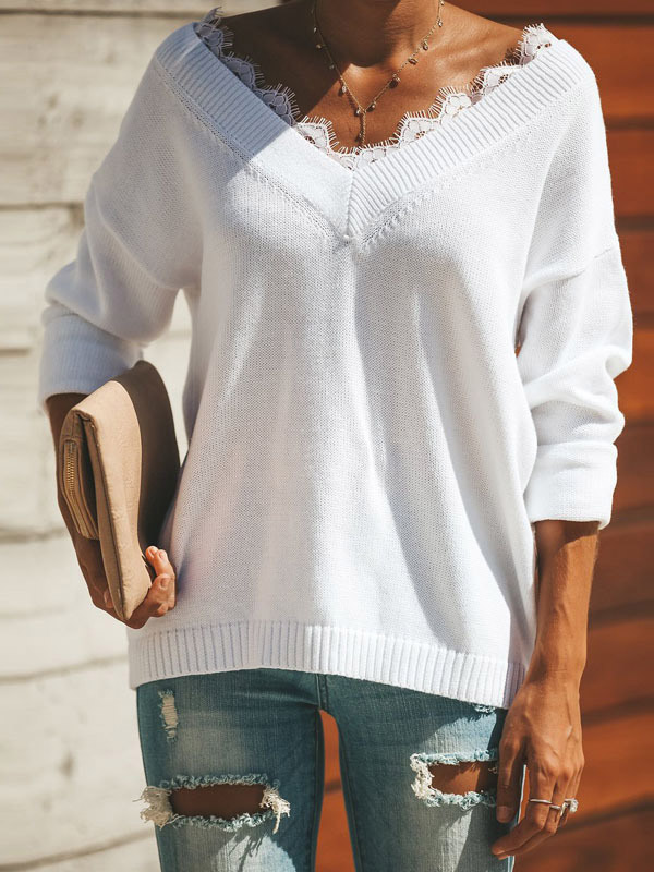 White V Neck Kntted Top with Lace