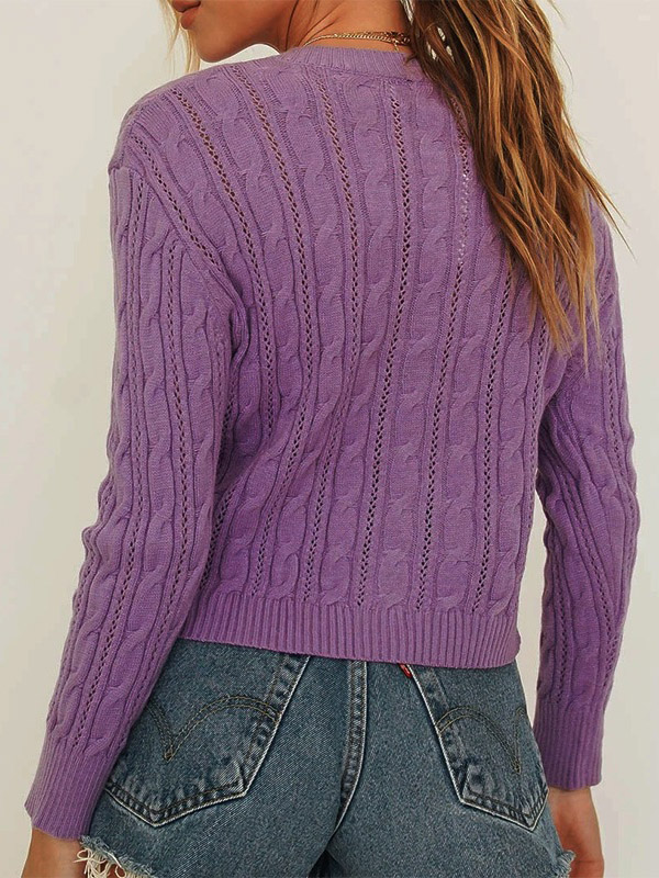 Purple Round Neck Cable Cardigan