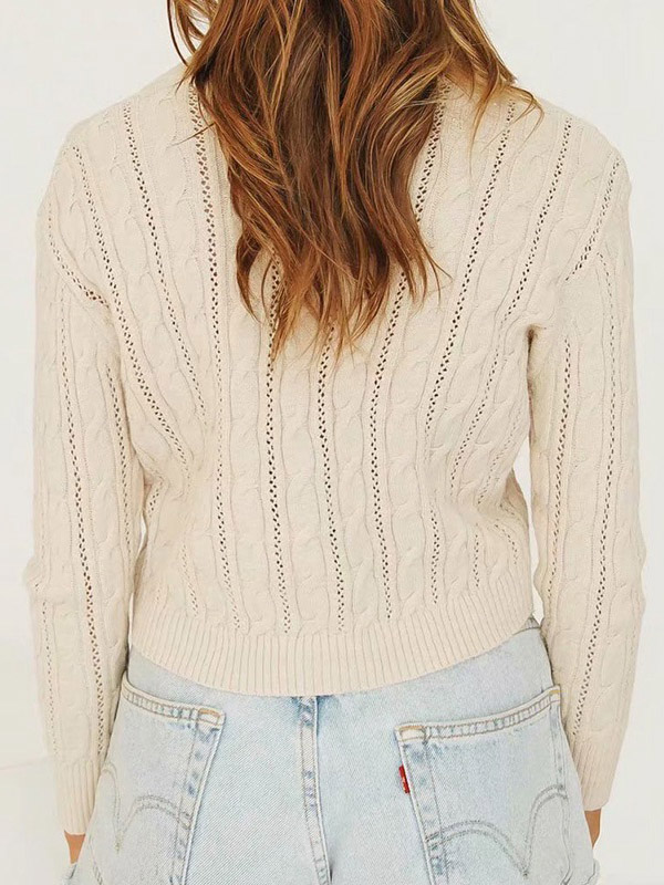 Beige Round Neck Cable Cardigan