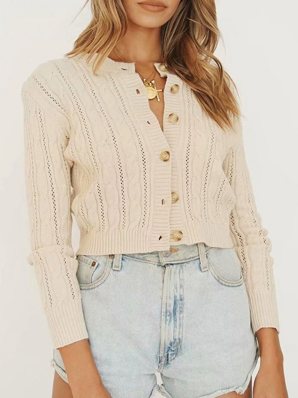 Beige Round Neck Cable Cardigan